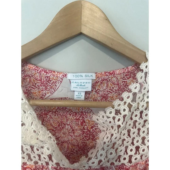 Calypso St Barth Target Women's 100% Silk Pink Red Floral Tunic Blouse XS 1135 - Picture 5 of 8